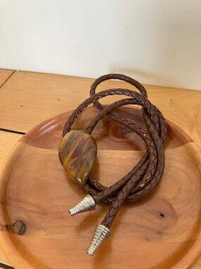 Brown Jasper Gemstone Bolo Tie Western Braided Leather Cord